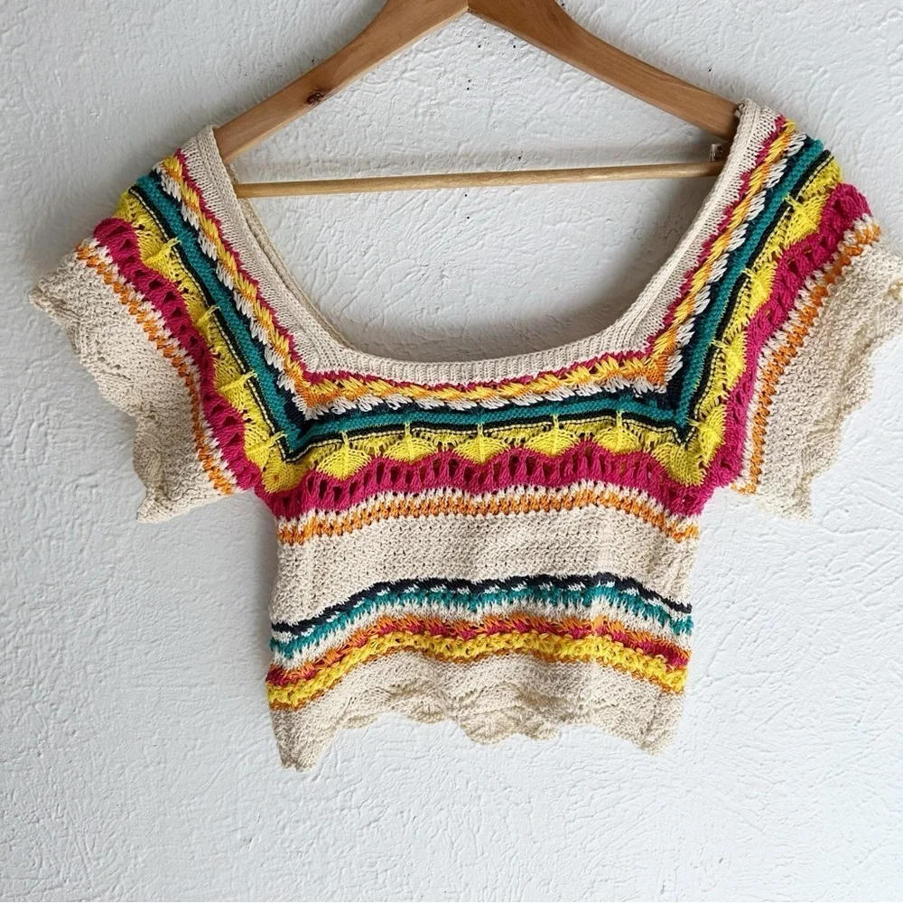 Zara Multicolor Knit Top Striped Off Shoulder Sz Small Cream